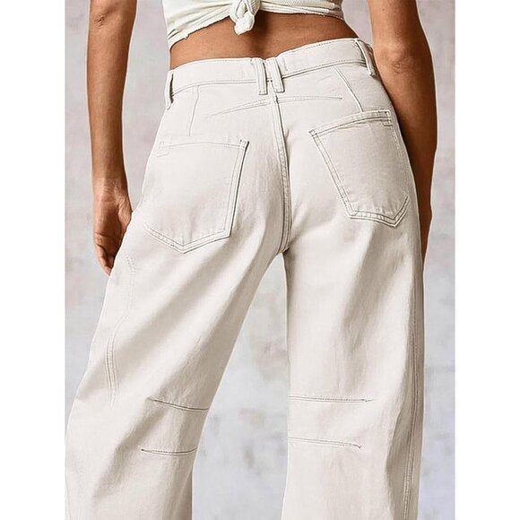 Women’s Mid Waist Crop Straight Leg Jeans Solid Stitch Casual Denim Pants - Picture 5 of 5